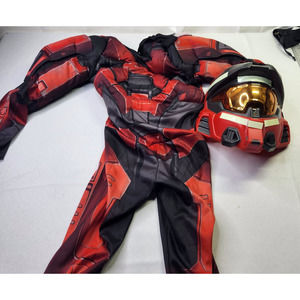 Halo Boys Red Spartan Muscle Chest Jumpsuit Helmet Halloween Costume Size S 4-6